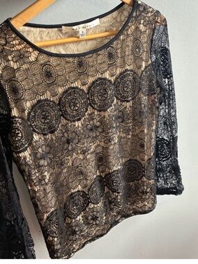 Max Studio Black Lace Overlay Top with Nude Lining